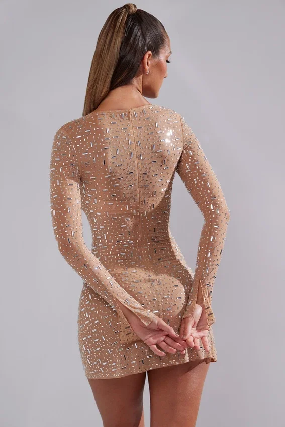Zeta Sheer Embellished Long Sleeve A-Line Mini Dress in Almond Zeta Sheer Embellished Long Sleeve A-Line Mini Dress in Almond