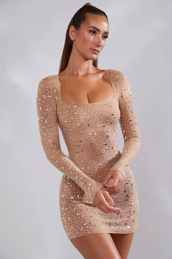 Zeta Sheer Embellished Long Sleeve A-Line Mini Dress in Almond Zeta Sheer Embellished Long Sleeve A-Line Mini Dress in Almond