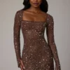 Zeta Sheer Embellished Long Sleeve A-Line Mini Dress in Deep Cocoa Zeta Sheer Embellished Long Sleeve A-Line Mini Dress in Deep Cocoa