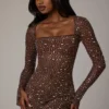 Zeta Sheer Embellished Long Sleeve A-Line Mini Dress in Deep Cocoa Zeta Sheer Embellished Long Sleeve A-Line Mini Dress in Deep Cocoa