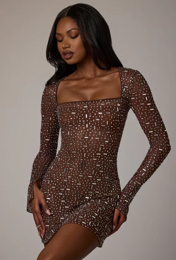 Zeta Sheer Embellished Long Sleeve A-Line Mini Dress in Deep Cocoa Zeta Sheer Embellished Long Sleeve A-Line Mini Dress in Deep Cocoa