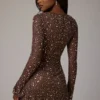 Zeta Sheer Embellished Long Sleeve A-Line Mini Dress in Deep Cocoa Zeta Sheer Embellished Long Sleeve A-Line Mini Dress in Deep Cocoa