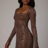 Zeta Sheer Embellished Long Sleeve A-Line Mini Dress in Deep Cocoa Zeta Sheer Embellished Long Sleeve A-Line Mini Dress in Deep Cocoa
