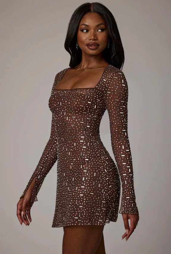 Zeta Sheer Embellished Long Sleeve A-Line Mini Dress in Deep Cocoa Zeta Sheer Embellished Long Sleeve A-Line Mini Dress in Deep Cocoa