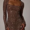 Zeta Sheer Embellished Long Sleeve A-Line Mini Dress in Deep Cocoa Zeta Sheer Embellished Long Sleeve A-Line Mini Dress in Deep Cocoa