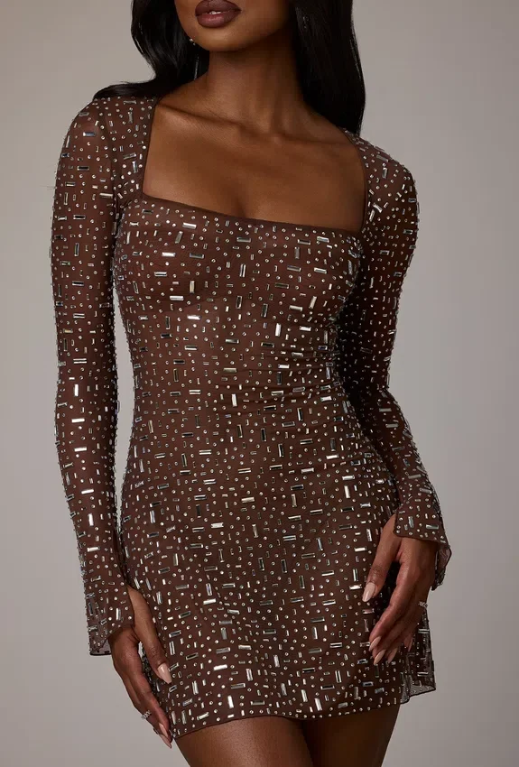 Zeta Sheer Embellished Long Sleeve A-Line Mini Dress in Deep Cocoa Zeta Sheer Embellished Long Sleeve A-Line Mini Dress in Deep Cocoa