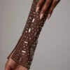 Zeta Sheer Embellished Long Sleeve A-Line Mini Dress in Deep Cocoa Zeta Sheer Embellished Long Sleeve A-Line Mini Dress in Deep Cocoa
