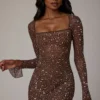 Zeta Sheer Embellished Long Sleeve A-Line Mini Dress in Deep Cocoa Zeta Sheer Embellished Long Sleeve A-Line Mini Dress in Deep Cocoa