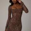 Zeta Sheer Embellished Long Sleeve A-Line Mini Dress in Deep Cocoa Zeta Sheer Embellished Long Sleeve A-Line Mini Dress in Deep Cocoa
