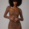 Zeta Sheer Embellished Long Sleeve A-Line Mini Dress in Mocha Zeta Sheer Embellished Long Sleeve A-Line Mini Dress in Mocha