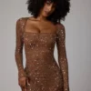 Zeta Sheer Embellished Long Sleeve A-Line Mini Dress in Mocha Zeta Sheer Embellished Long Sleeve A-Line Mini Dress in Mocha