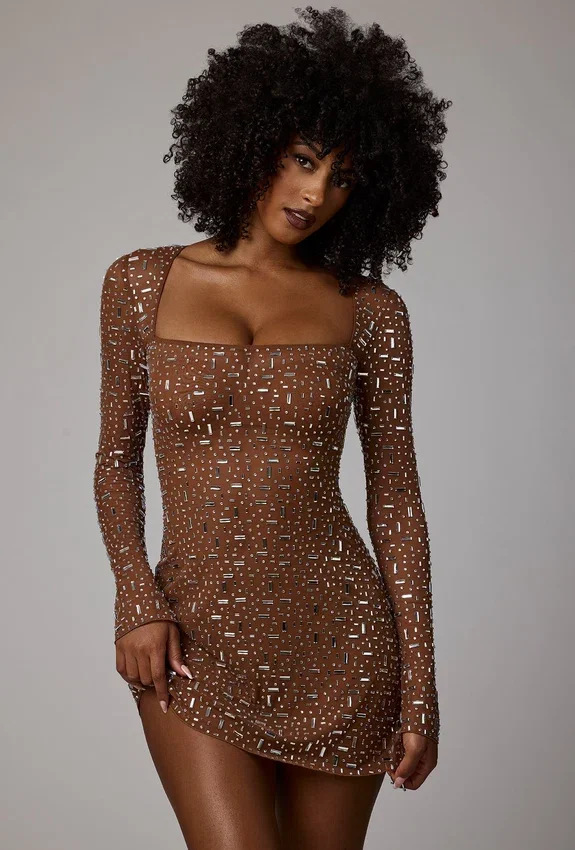 Zeta Sheer Embellished Long Sleeve A-Line Mini Dress in Mocha Zeta Sheer Embellished Long Sleeve A-Line Mini Dress in Mocha