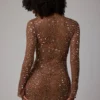 Zeta Sheer Embellished Long Sleeve A-Line Mini Dress in Mocha Zeta Sheer Embellished Long Sleeve A-Line Mini Dress in Mocha