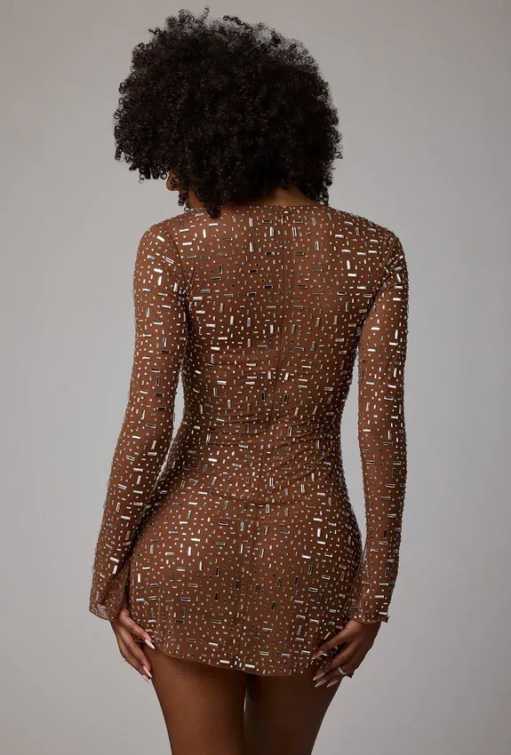 Zeta Sheer Embellished Long Sleeve A-Line Mini Dress in Mocha Zeta Sheer Embellished Long Sleeve A-Line Mini Dress in Mocha