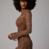 Zeta Sheer Embellished Long Sleeve A-Line Mini Dress in Mocha Zeta Sheer Embellished Long Sleeve A-Line Mini Dress in Mocha
