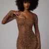 Zeta Sheer Embellished Long Sleeve A-Line Mini Dress in Mocha Zeta Sheer Embellished Long Sleeve A-Line Mini Dress in Mocha