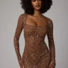 Zeta Sheer Embellished Long Sleeve A-Line Mini Dress in Mocha Zeta Sheer Embellished Long Sleeve A-Line Mini Dress in Mocha