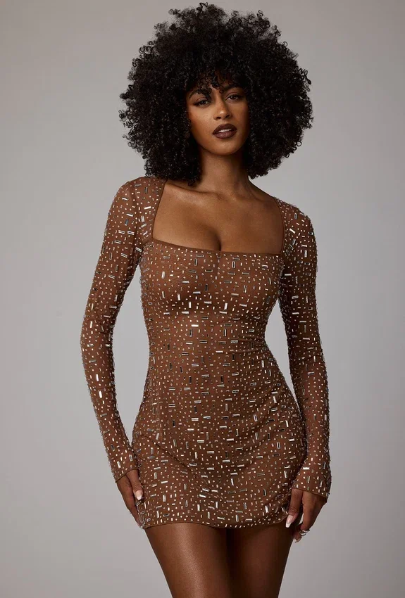 Zeta Sheer Embellished Long Sleeve A-Line Mini Dress in Mocha Zeta Sheer Embellished Long Sleeve A-Line Mini Dress in Mocha