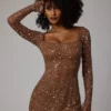 Zeta Sheer Embellished Long Sleeve A-Line Mini Dress in Mocha Zeta Sheer Embellished Long Sleeve A-Line Mini Dress in Mocha