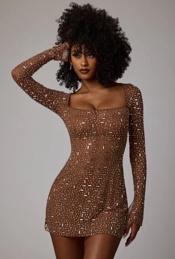 Zeta Sheer Embellished Long Sleeve A-Line Mini Dress in Mocha Zeta Sheer Embellished Long Sleeve A-Line Mini Dress in Mocha