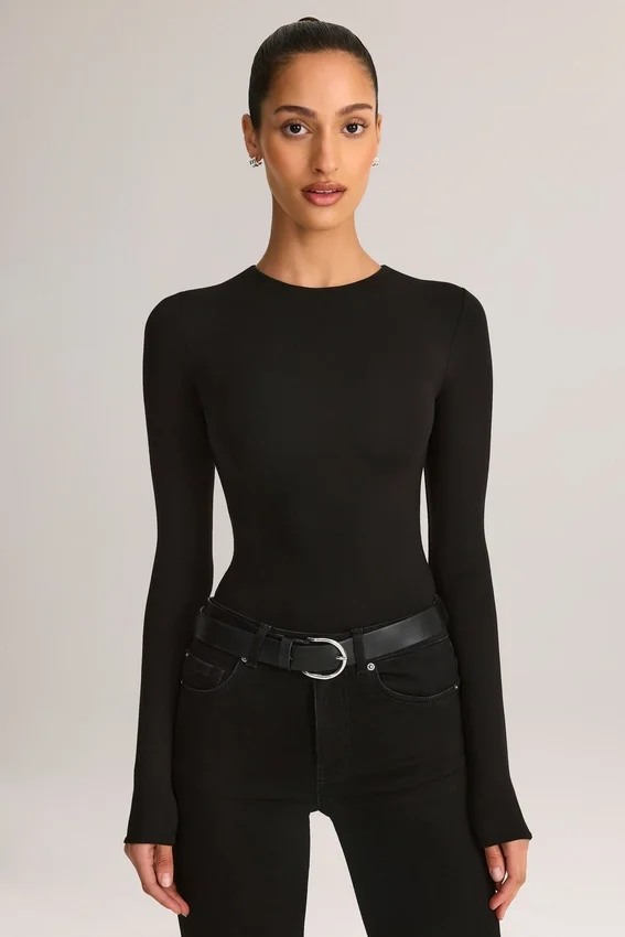 Ziva Modal Round-Neck Long-Sleeve Bodysuit in Black Ziva Modal Round-Neck Long-Sleeve Bodysuit in Black