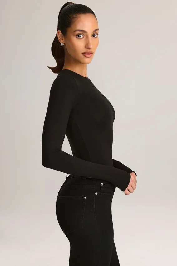 Ziva Modal Round-Neck Long-Sleeve Bodysuit in Black Ziva Modal Round-Neck Long-Sleeve Bodysuit in Black