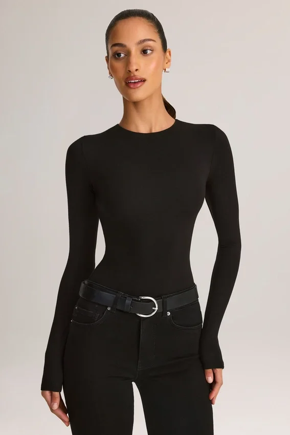 Ziva Modal Round-Neck Long-Sleeve Bodysuit in Black Ziva Modal Round-Neck Long-Sleeve Bodysuit in Black