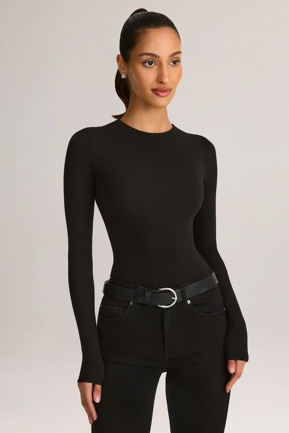 Ziva Modal Round-Neck Long-Sleeve Bodysuit in Black Ziva Modal Round-Neck Long-Sleeve Bodysuit in Black