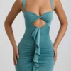 Zivanka Slinky Jersey Cut-Out Ruffle-Trim Mini Dress in Sea Green Zivanka Slinky Jersey Cut-Out Ruffle-Trim Mini Dress in Sea Green