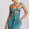 Zivanka Slinky Jersey Cut-Out Ruffle-Trim Mini Dress in Sea Green Zivanka Slinky Jersey Cut-Out Ruffle-Trim Mini Dress in Sea Green