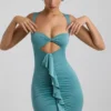 Zivanka Slinky Jersey Cut-Out Ruffle-Trim Mini Dress in Sea Green Zivanka Slinky Jersey Cut-Out Ruffle-Trim Mini Dress in Sea Green