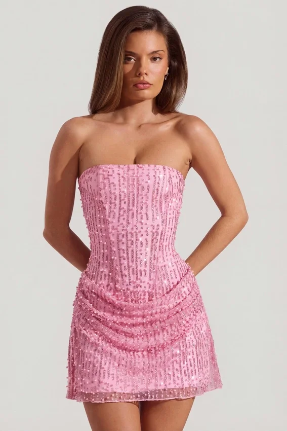 Ziya Embellished Draped Strapless A-Line Mini Dress in Pink Ziya Embellished Draped Strapless A-Line Mini Dress in Pink