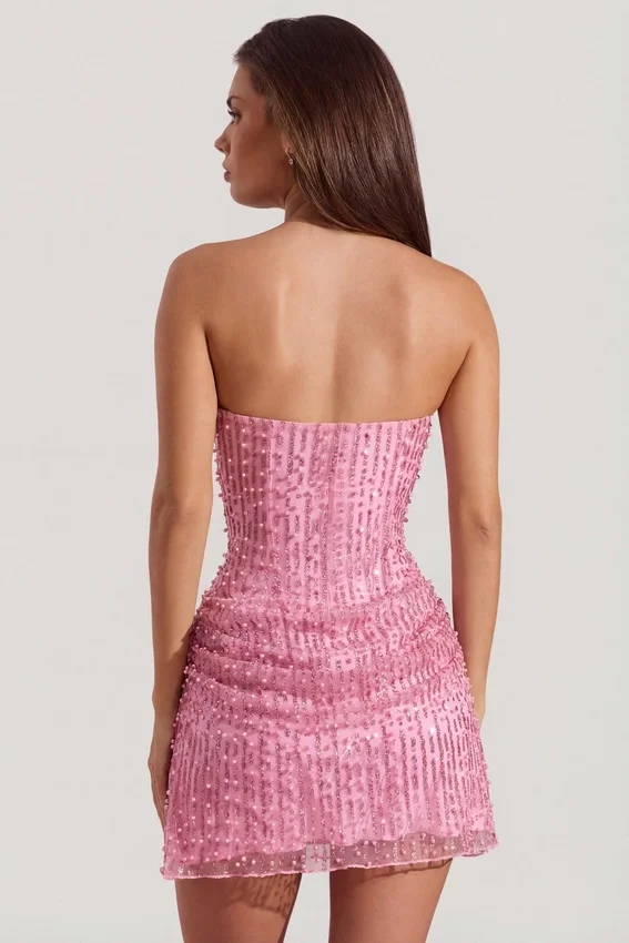 Ziya Embellished Draped Strapless A-Line Mini Dress in Pink Ziya Embellished Draped Strapless A-Line Mini Dress in Pink