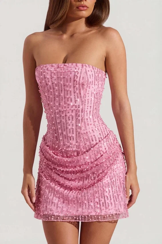 Ziya Embellished Draped Strapless A-Line Mini Dress in Pink Ziya Embellished Draped Strapless A-Line Mini Dress in Pink