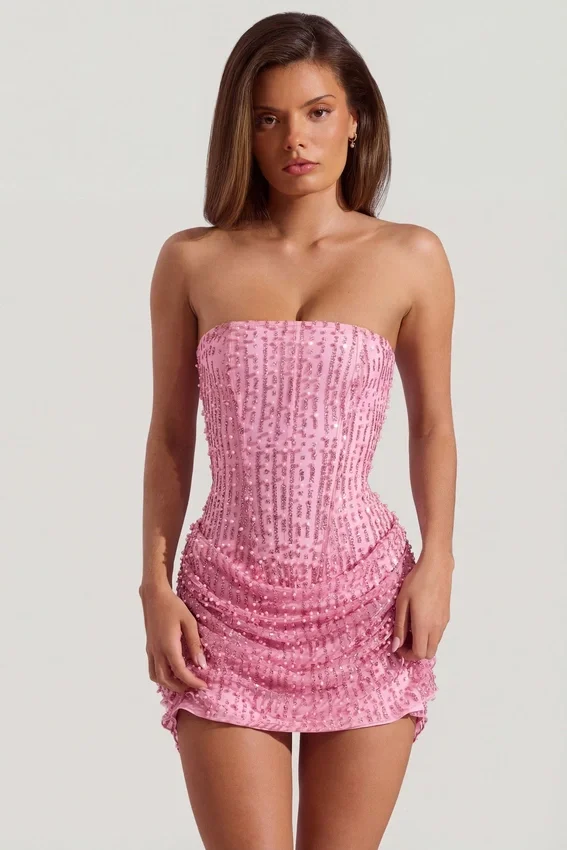 Ziya Embellished Draped Strapless A-Line Mini Dress in Pink Ziya Embellished Draped Strapless A-Line Mini Dress in Pink