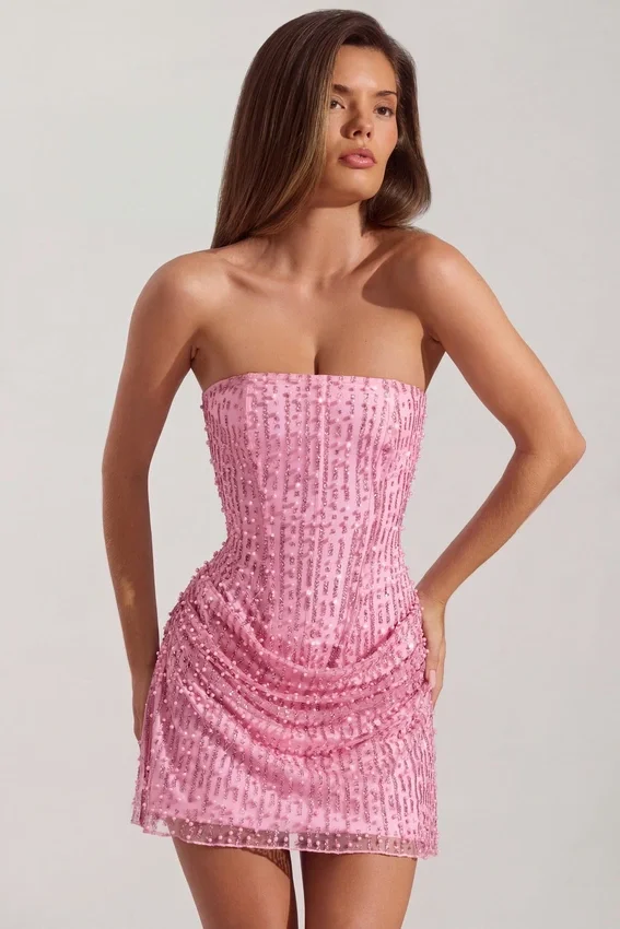 Ziya Embellished Draped Strapless A-Line Mini Dress in Pink Ziya Embellished Draped Strapless A-Line Mini Dress in Pink
