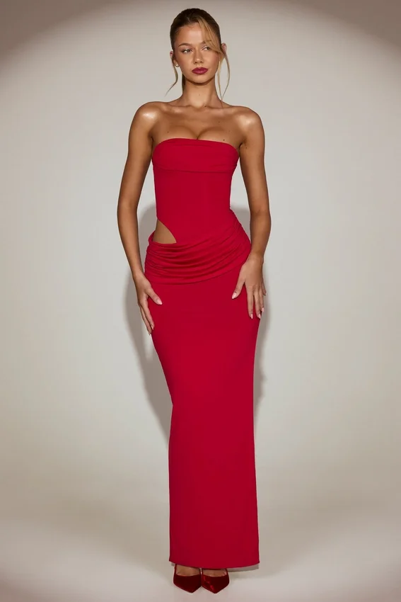 Zorya Soft-Jersey Bandeau Cut-Out Maxi Dress in True Red Zorya Soft-Jersey Bandeau Cut-Out Maxi Dress in True Red