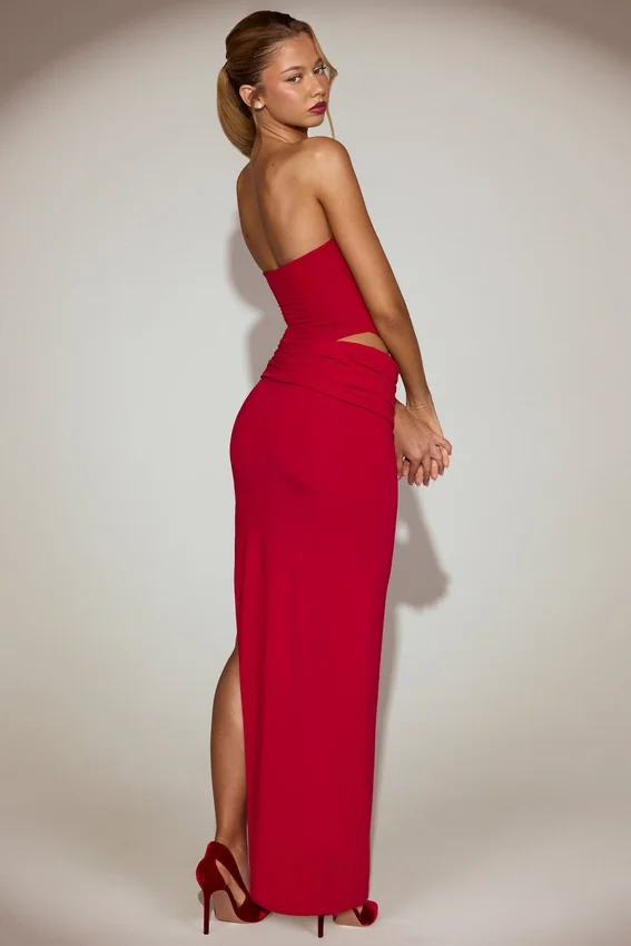 Zorya Soft-Jersey Bandeau Cut-Out Maxi Dress in True Red Zorya Soft-Jersey Bandeau Cut-Out Maxi Dress in True Red