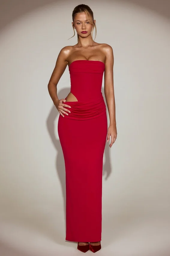 Zorya Soft-Jersey Bandeau Cut-Out Maxi Dress in True Red Zorya Soft-Jersey Bandeau Cut-Out Maxi Dress in True Red