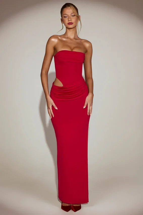 Zorya Soft-Jersey Bandeau Cut-Out Maxi Dress in True Red Zorya Soft-Jersey Bandeau Cut-Out Maxi Dress in True Red