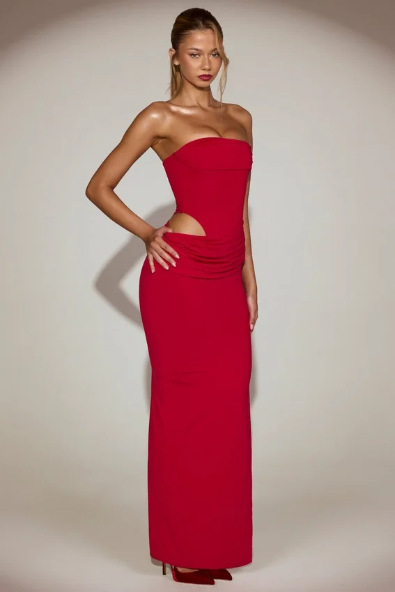 Zorya Soft-Jersey Bandeau Cut-Out Maxi Dress in True Red Zorya Soft-Jersey Bandeau Cut-Out Maxi Dress in True Red
