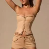 Zoryelle Low-Rise Mini Shorts in Tan Zoryelle Low-Rise Mini Shorts in Tan